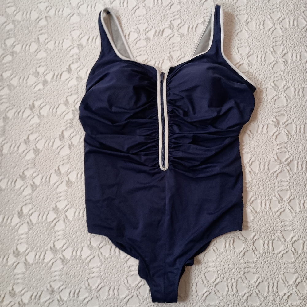 Delimita Navy Blue One-Piece Swimsuit Tummy Control Slimming Zip Up 22w Women